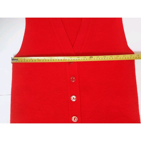 Vintage 1970s Ladies Large Carol Brent Red Knit Long Fringed  Button Down Vest - Picture 3 of 6